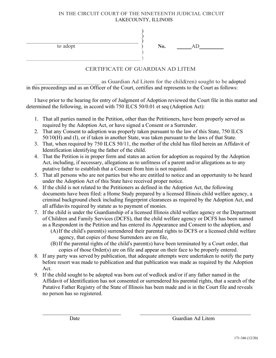 Form 171-346 Certificate of Guardian Ad Litem - Lake County, Illinois, Page 1