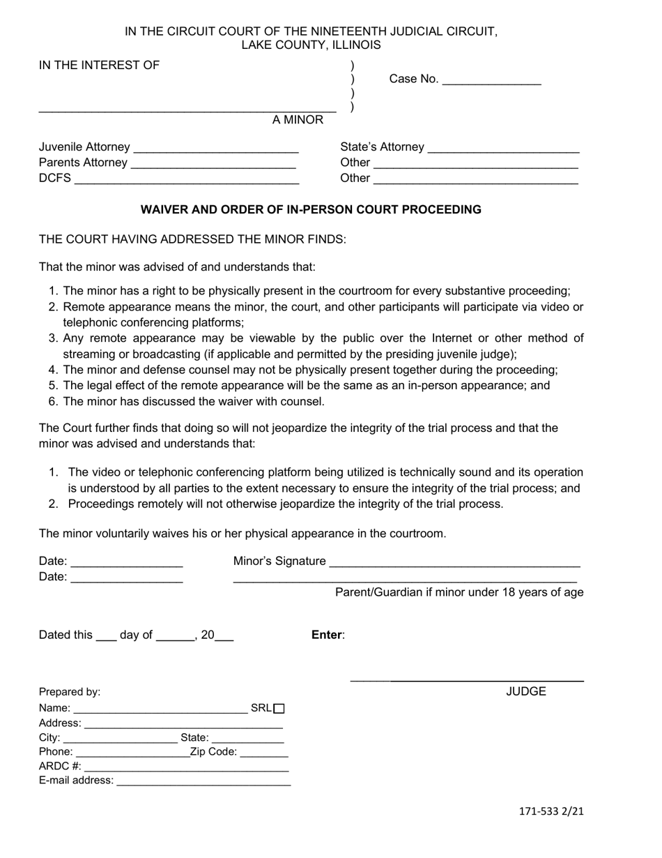 Form 171-533 Waiver and Order of in-Person Court Proceeding - Lake County, Illinois, Page 1