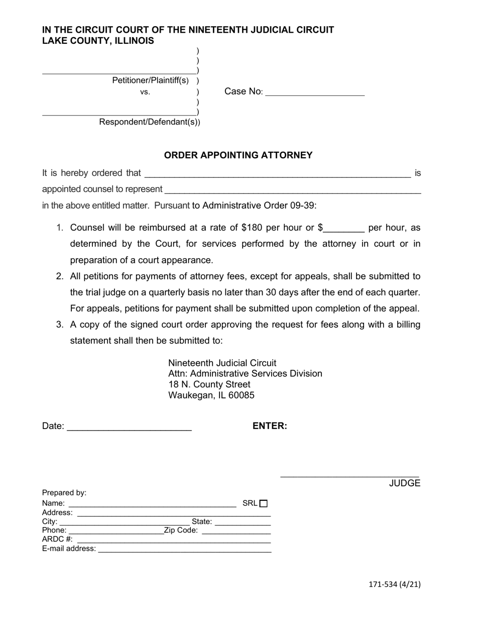 Form 171-534 Order Appointing Attorney - Lake County, Illinois, Page 1