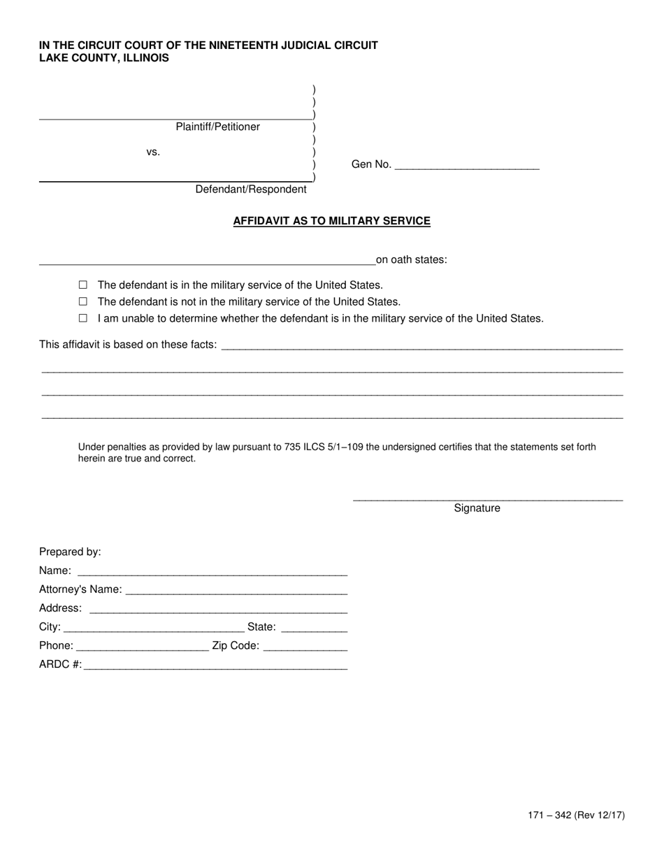 Form 171-342 Affidavit as to Military Service - Lake County, Illinois, Page 1