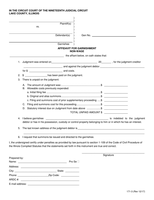 Form 171-3 Affidavit for Garnishment - Non-wage - Lake County, Illinois