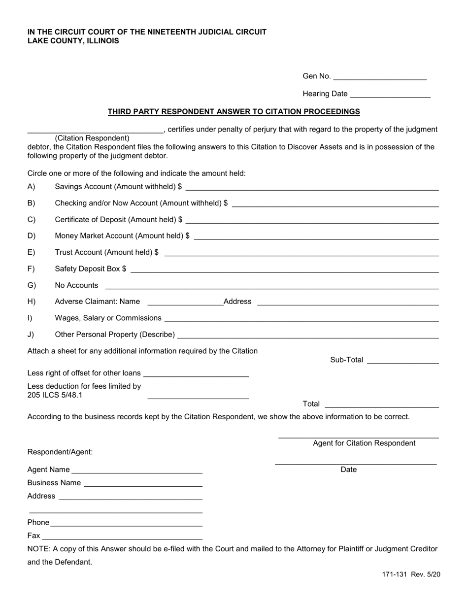 Form 171-131 - Fill Out, Sign Online and Download Fillable PDF, Lake ...