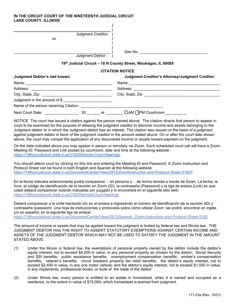 Form 171-23A Citation Notice - Lake County, Illinois, Page 1