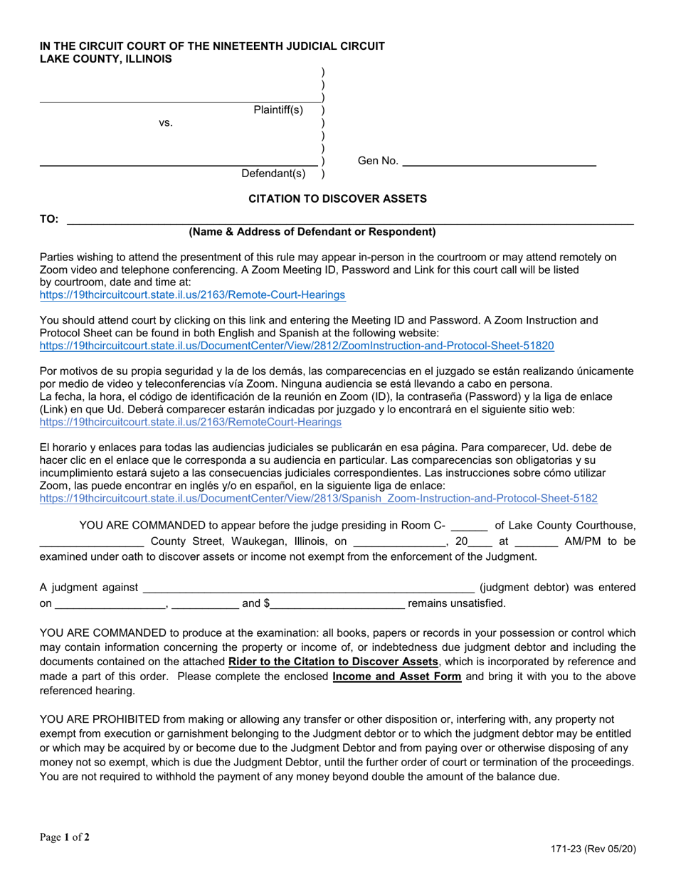 Form 171-23 Citation to Discover Assets - Lake County, Illinois, Page 1