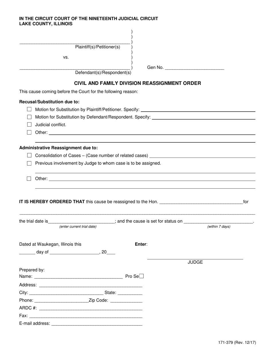 Form 171-379 Civil and Family Division Reassignment Order - Lake County, Illinois, Page 1
