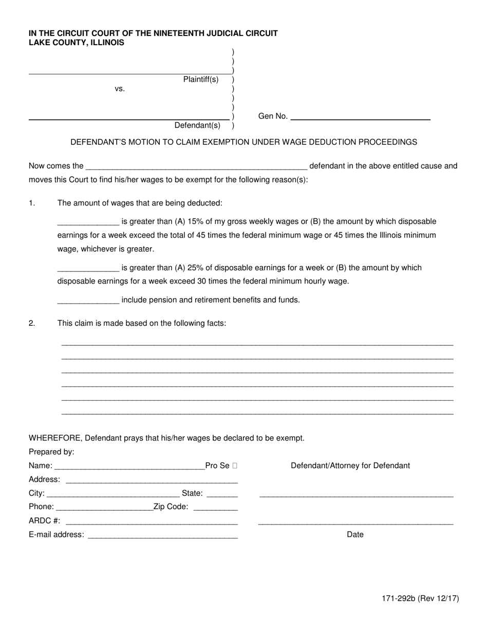 Form 171-292B Defendant's Motion to Claim Exemption Under Wage Deduction Proceedings - Lake County, Illinois, Page 1