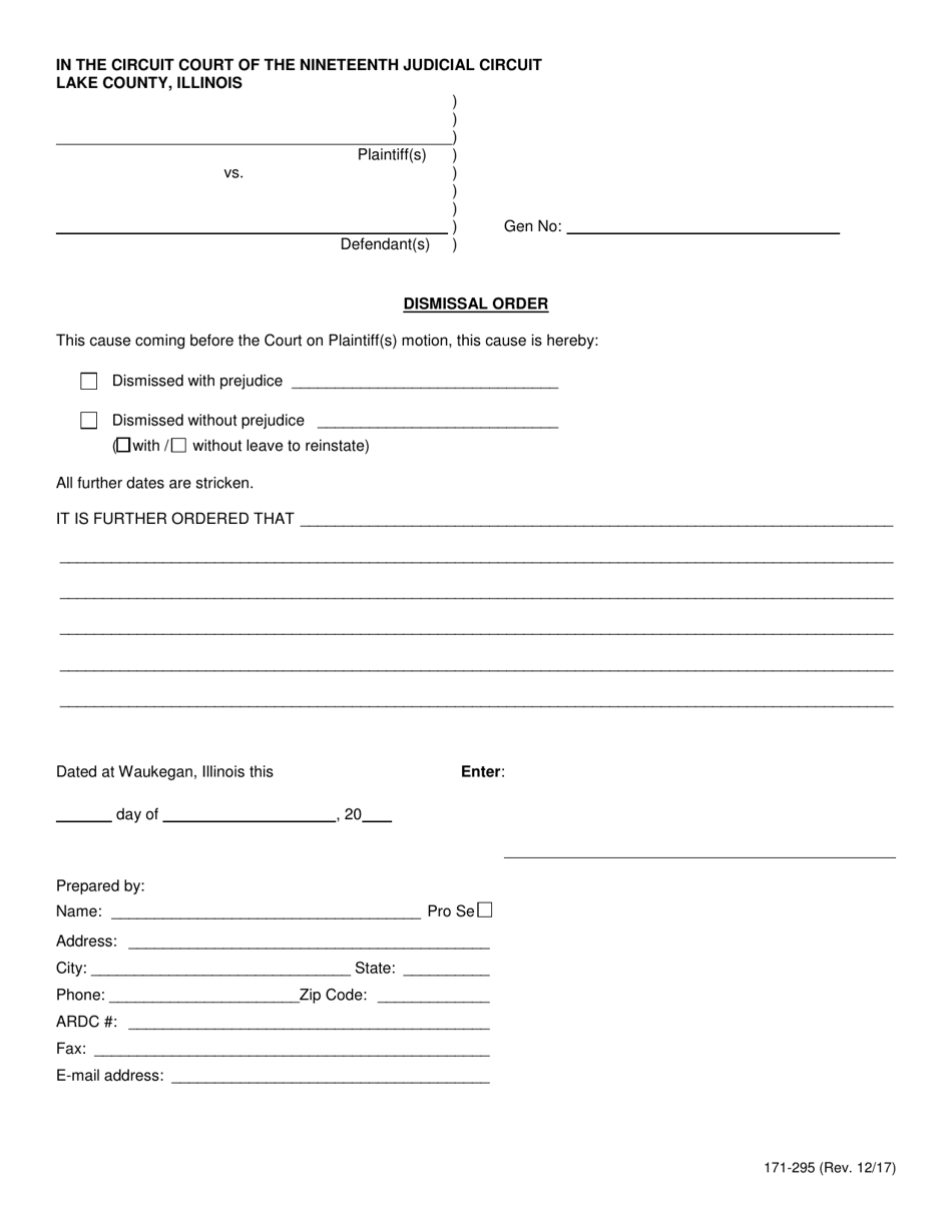 Form 171-295 Dismissal Order - Lake County, Illinois, Page 1
