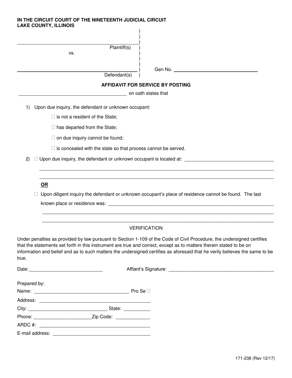 Form 171-238 Affidavit for Service by Posting - Lake County, Illinois, Page 1