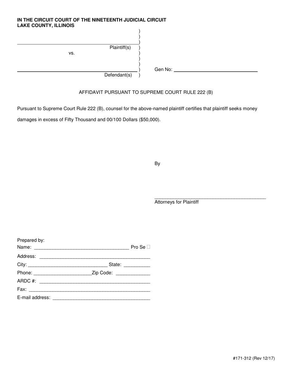 Form 171-312 Affidavit Pursuant to Supreme Court Rule 222 (B) - Lake County, Illinois, Page 1