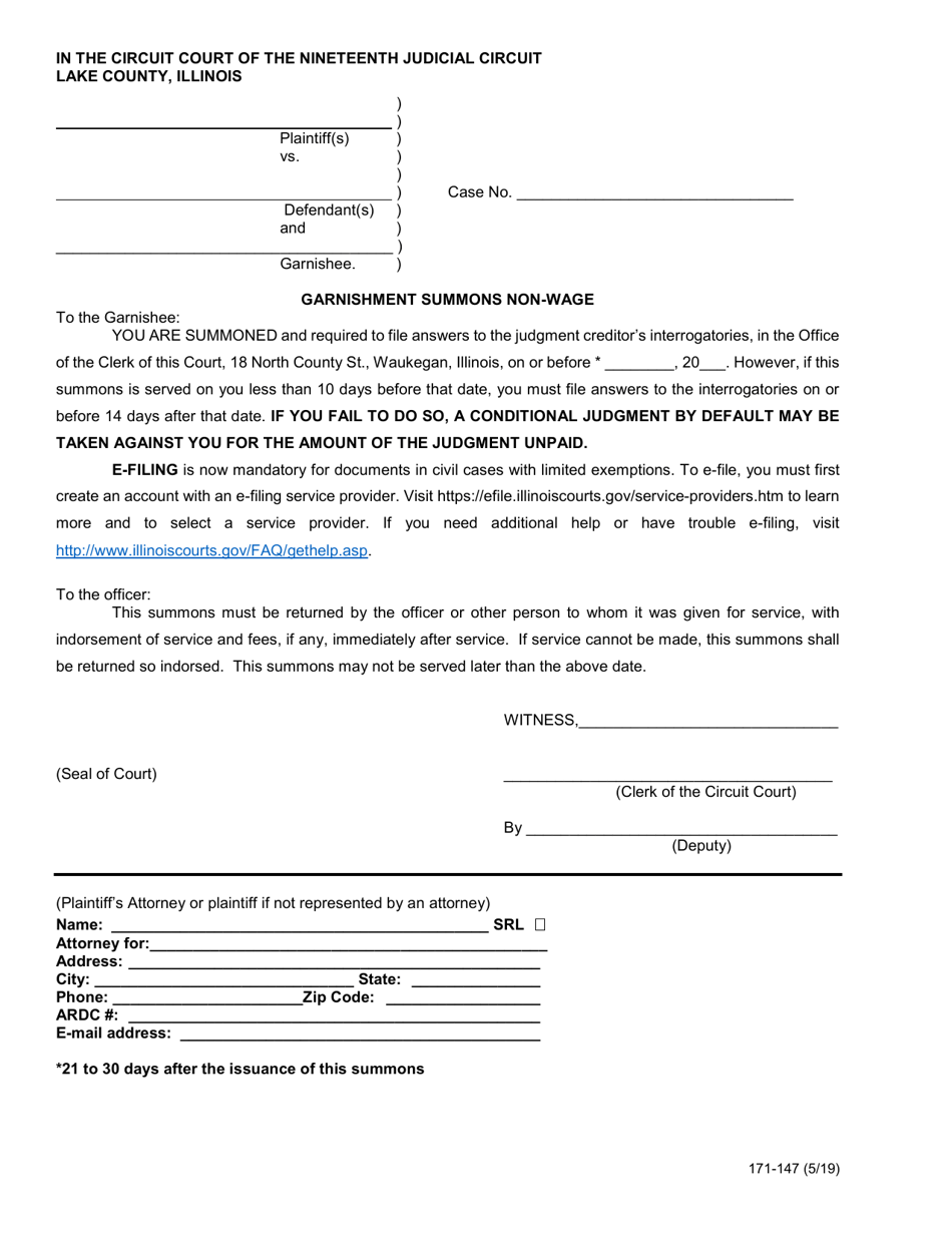 Form 171-147 Garnishment Summons Non-wage - Lake County, Illinois, Page 1