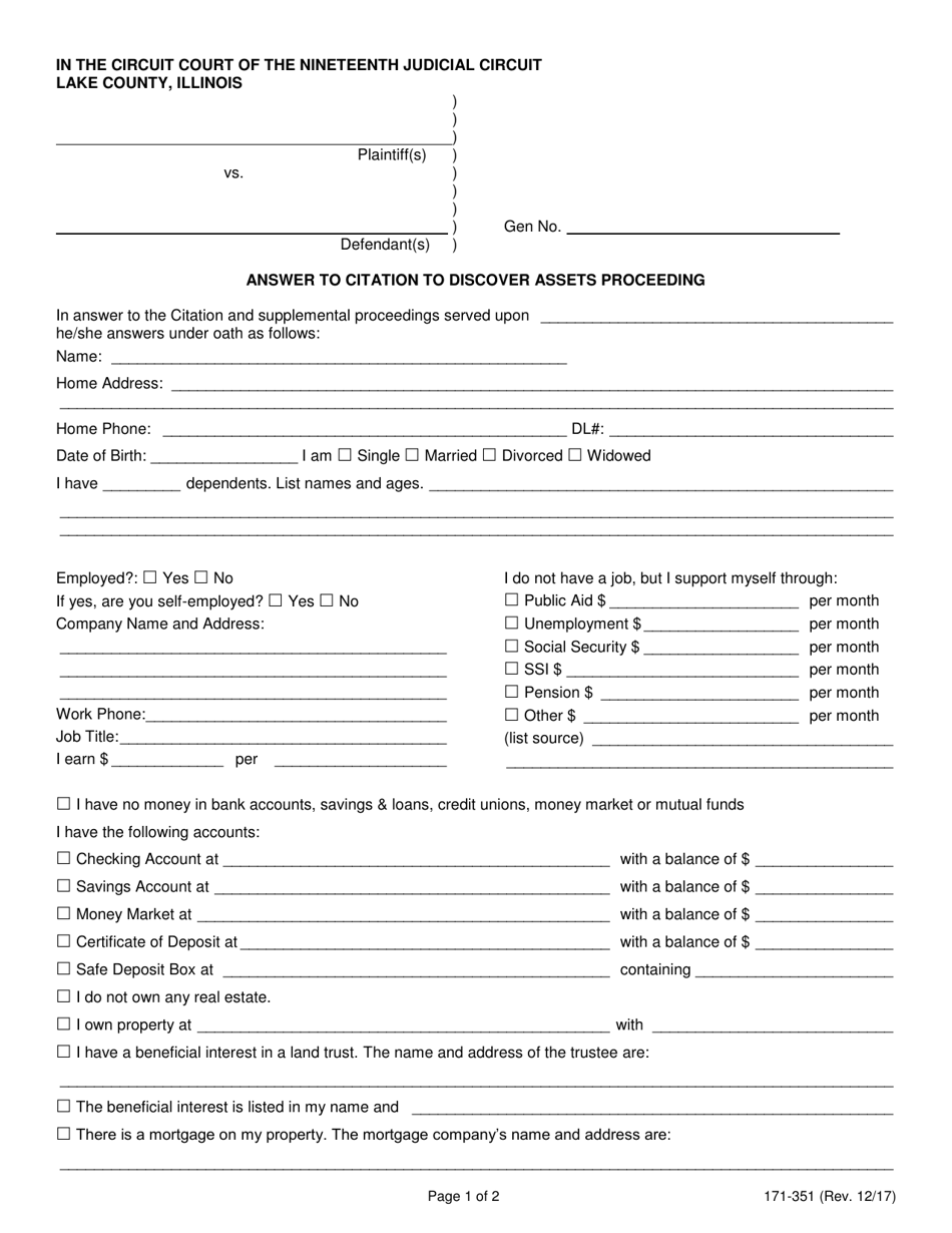 Form 171-351 Answer to Citation to Discover Assets Proceeding - Lake County, Illinois, Page 1
