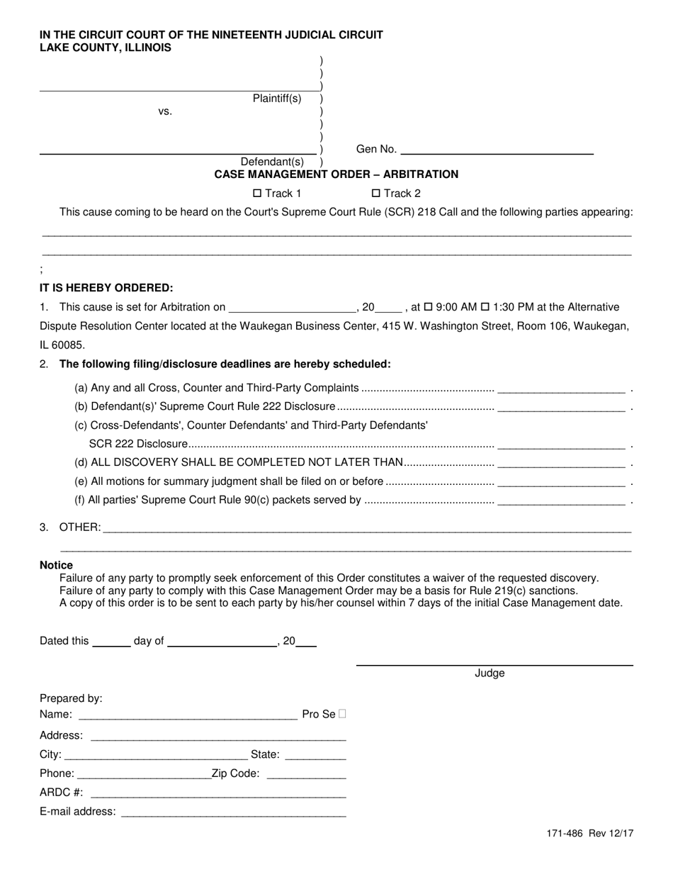 Form 171-486 Case Management Order - Arbitration - Lake County, Illinois, Page 1