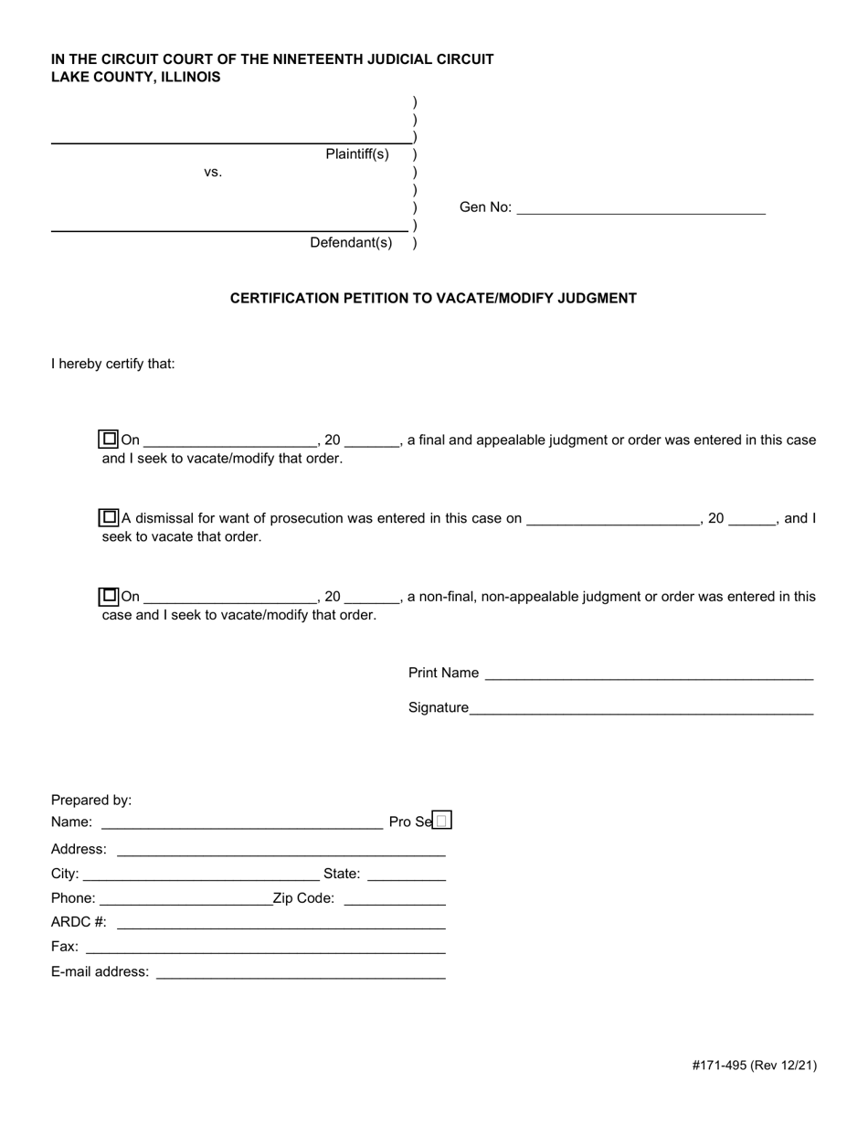 Form 171-495 Certification Petition to Vacate / Modify Judgment - Lake County, Illinois, Page 1