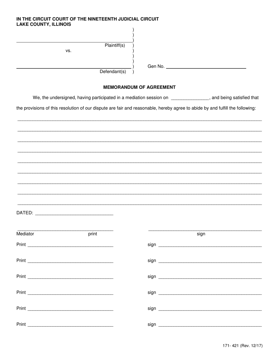 Form 171-421 Memorandum of Agreement - Lake County, Illinois, Page 1