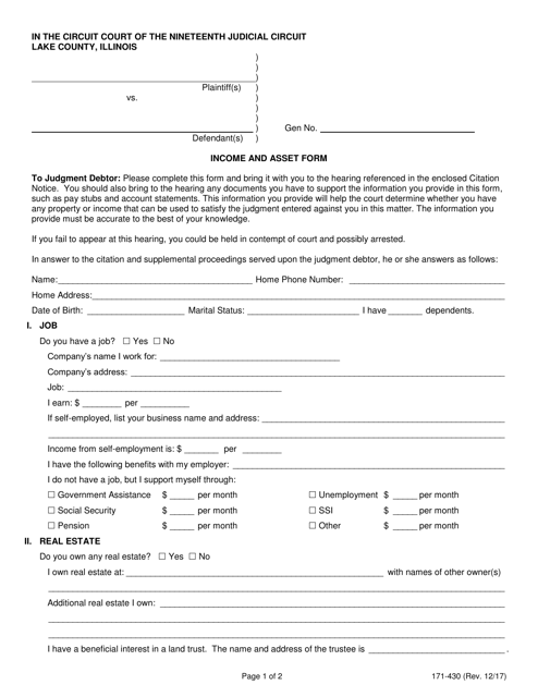 Form 171-430 Income and Asset Form - Lake County, Illinois