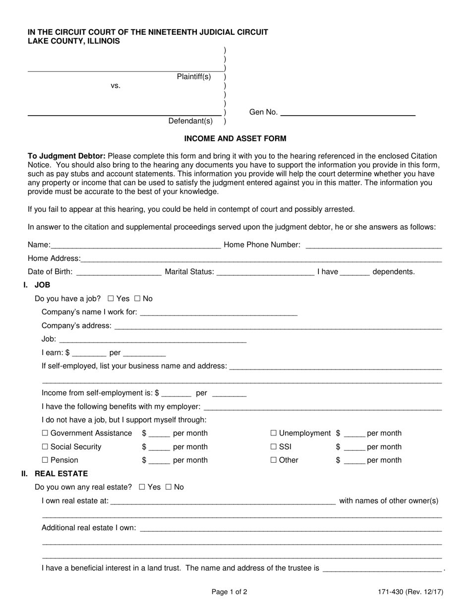 Form 171-430 Income and Asset Form - Lake County, Illinois, Page 1