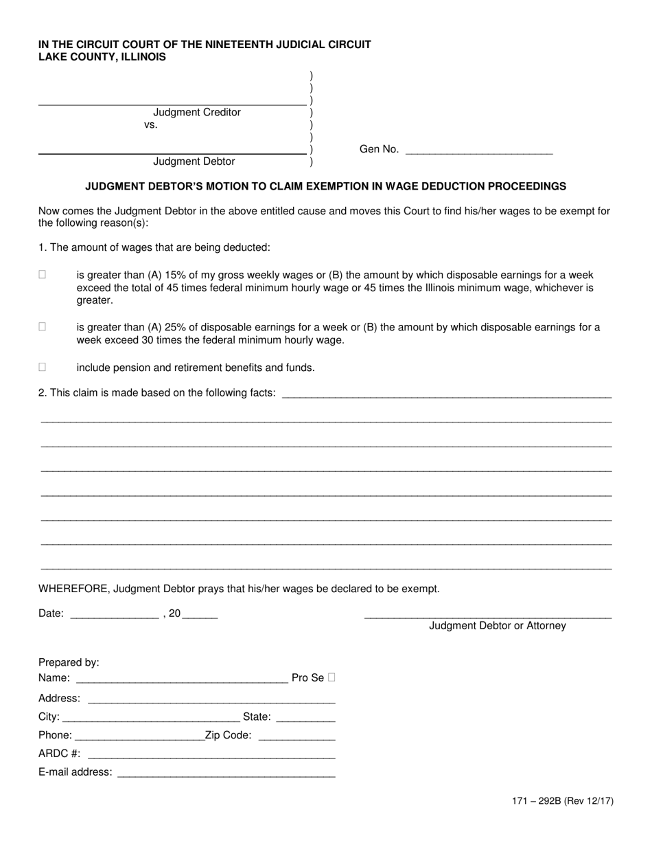 Form 171-292B Judgment Debtors Motion to Claim Exemption in Wage Deduction Proceedings - Lake County, Illinois, Page 1