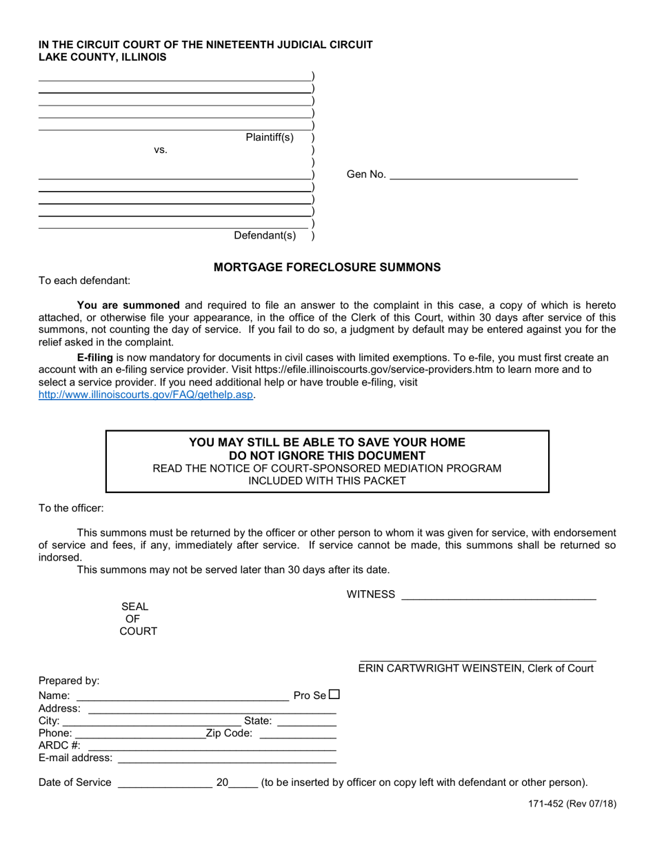 Form 171-452 Mortgage Foreclosure Summons - Lake County, Illinois, Page 1