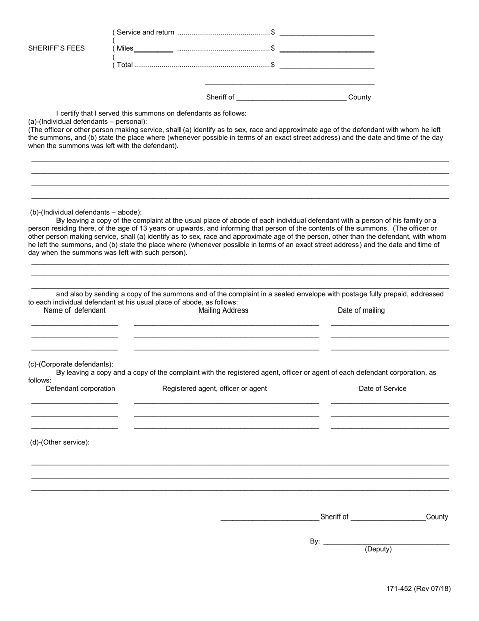 Form 171-452 Mortgage Foreclosure Summons - Lake County, Illinois, Page 2