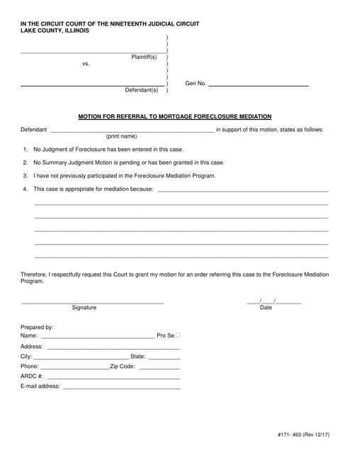 Form 171-463 Motion for Referral to Mortgage Foreclosure Mediation - Lake County, Illinois