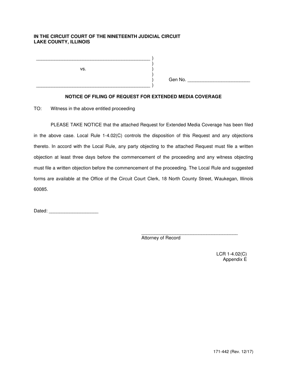 Form 171-442 Notice of Filing of Request for Extended Media Coverage - Lake County, Illinois, Page 1