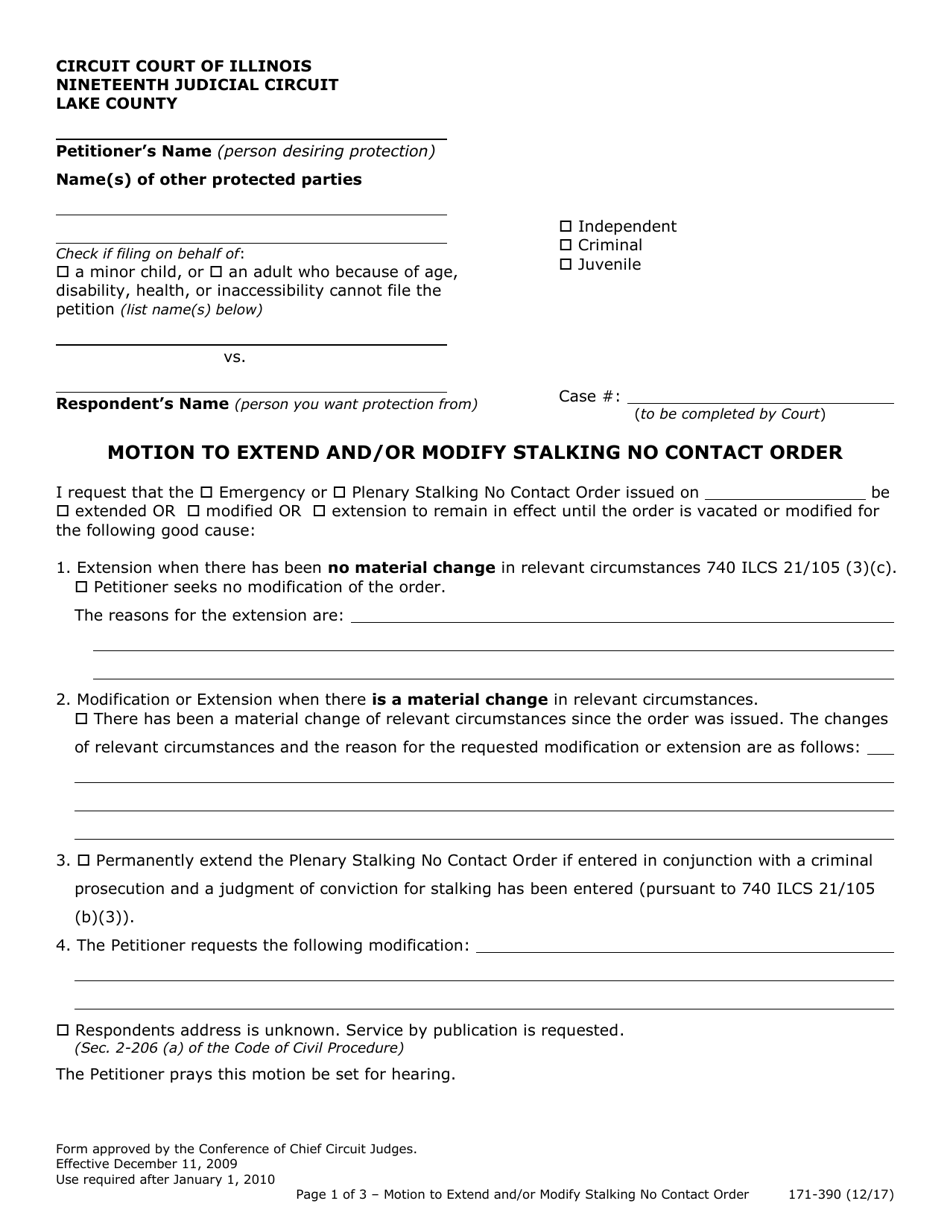 Form 171-390 Motion to Extend and / or Modify Stalking No Contact Order - Lake County, Illinois, Page 1