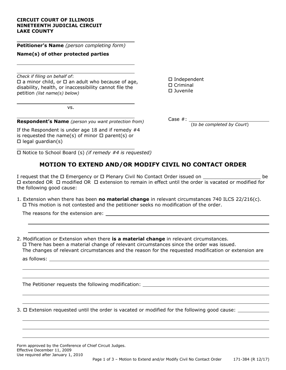 Form 171-384 Motion to Extend and / or Modify Civil No Contact Order - Lake County, Illinois, Page 1
