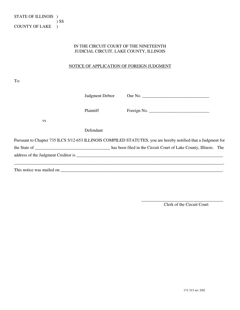 Form 171-313 Notice of Application of Foreign Judgment - Lake County, Illinois, Page 1