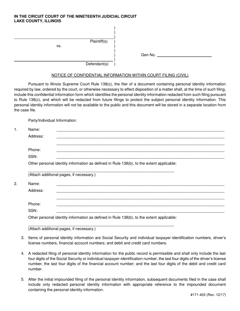 Form 171-403 Notice of Confidential Information Within Court Filing (Civil) - Lake County, Illinois, Page 1