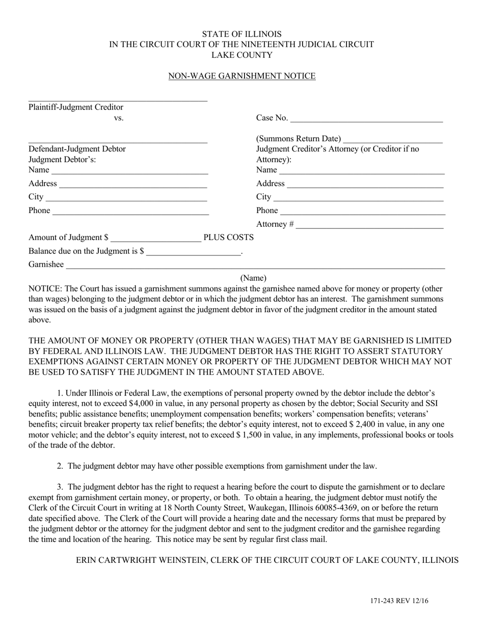 Form 171-243 Non-wage Garnishment Notice - Lake County, Illinois, Page 1