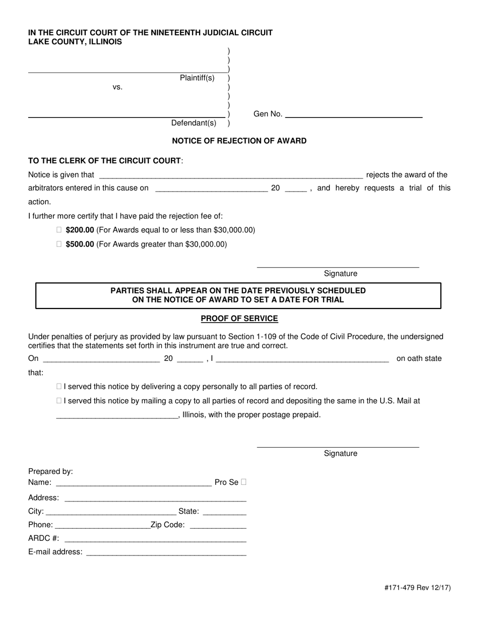 Form 171-479 Notice of Rejection of Award - Lake County, Illinois, Page 1