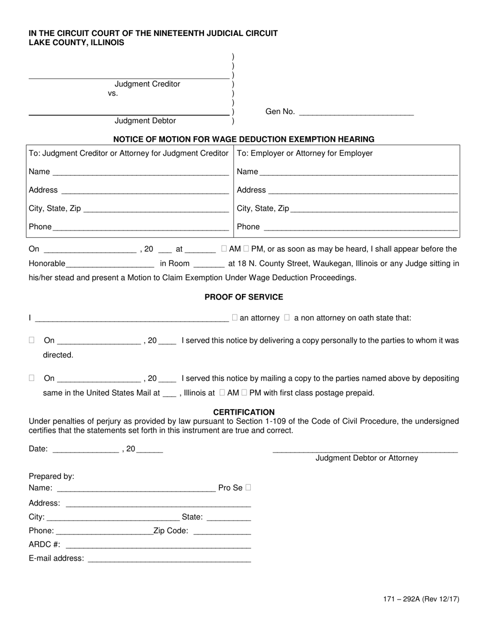 Form 171-292A Notice of Motion for Wage Deduction Exemption Hearing - Lake County, Illinois, Page 1