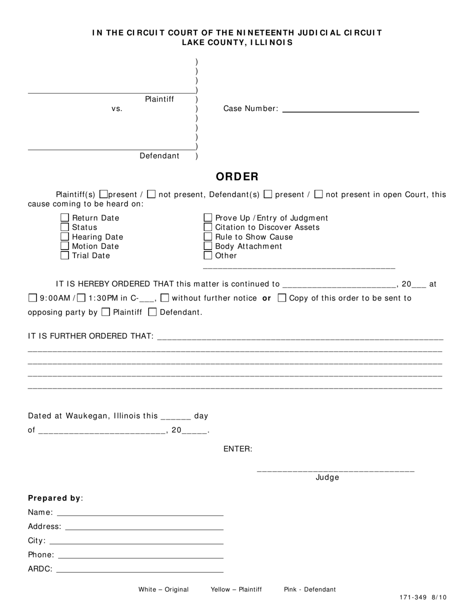 Form 171-349 Order (Continuance) - Lake County, Illinois, Page 1