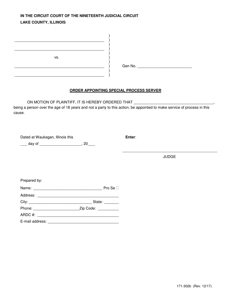 Form 171-302B Order Appointing Special Process Server - Lake County, Illinois, Page 1