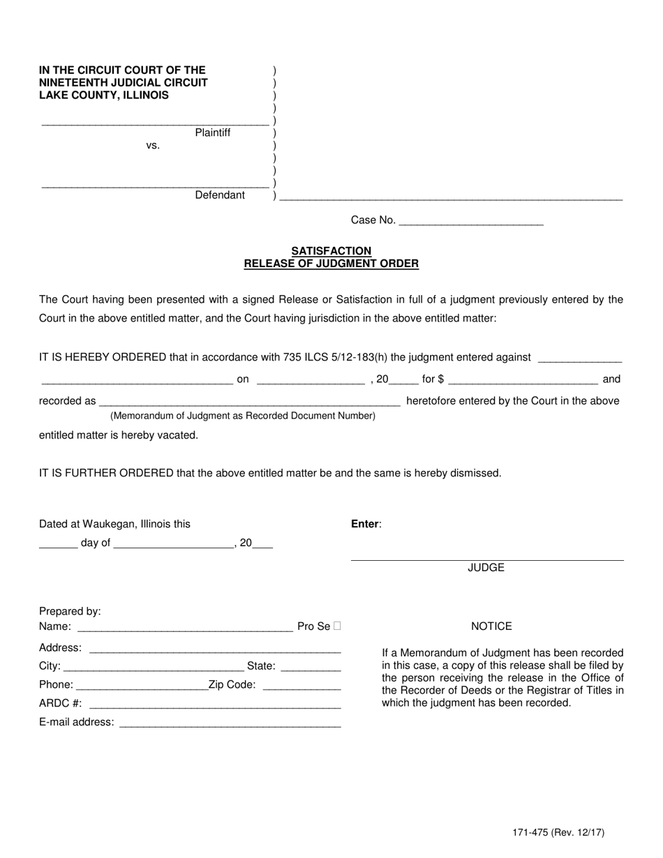 Form 171-475 Satisfaction Release of Judgment Order - Lake County, Illinois, Page 1
