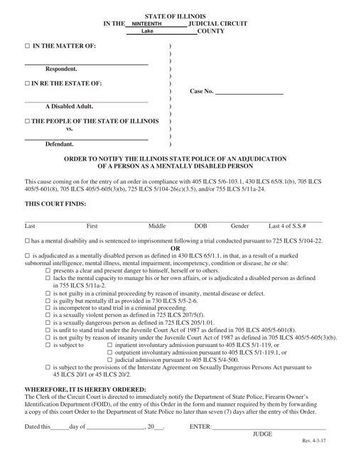 Order to Notify the Illinois State Police of an Adjudication of a Person as a Mentally Disabled Person - Lake County, Illinois Download Pdf