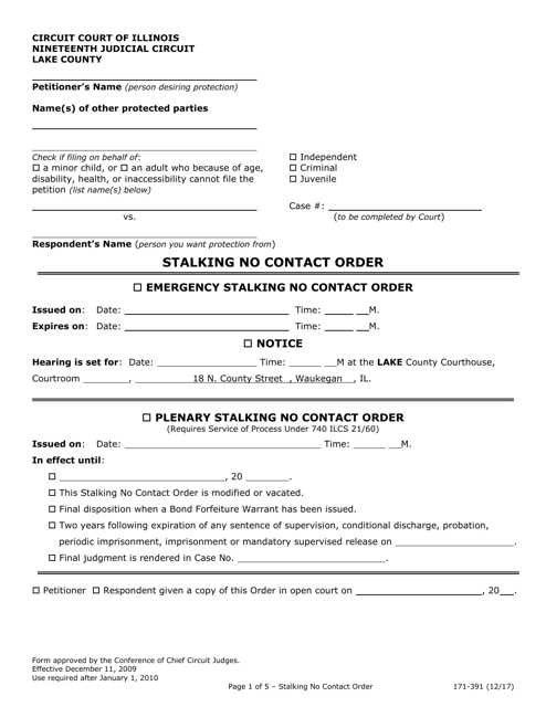 Form 171-391 Stalking No Contact Order - Lake County, Illinois