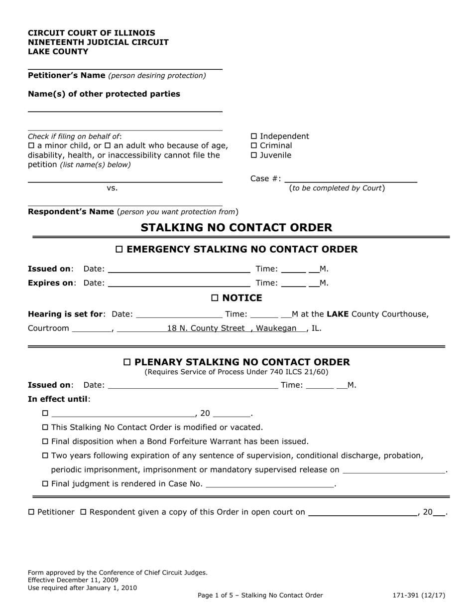 Form 171-391 Stalking No Contact Order - Lake County, Illinois, Page 1
