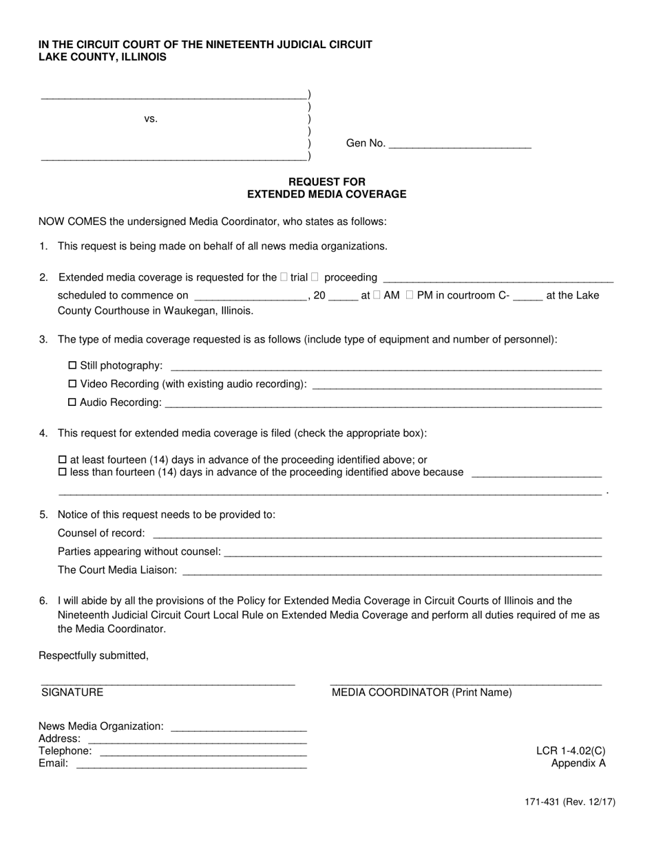 Form 171-431 Appendix A Request for Extended Media Coverage - Lake County, Illinois, Page 1