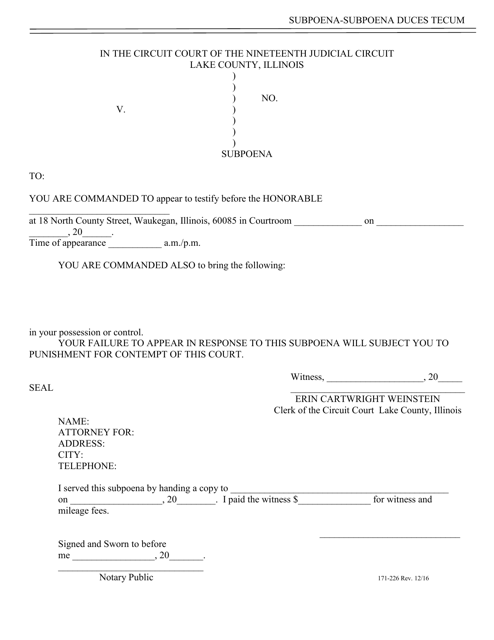 Form 171-226 Subpoena - Lake County, Illinois