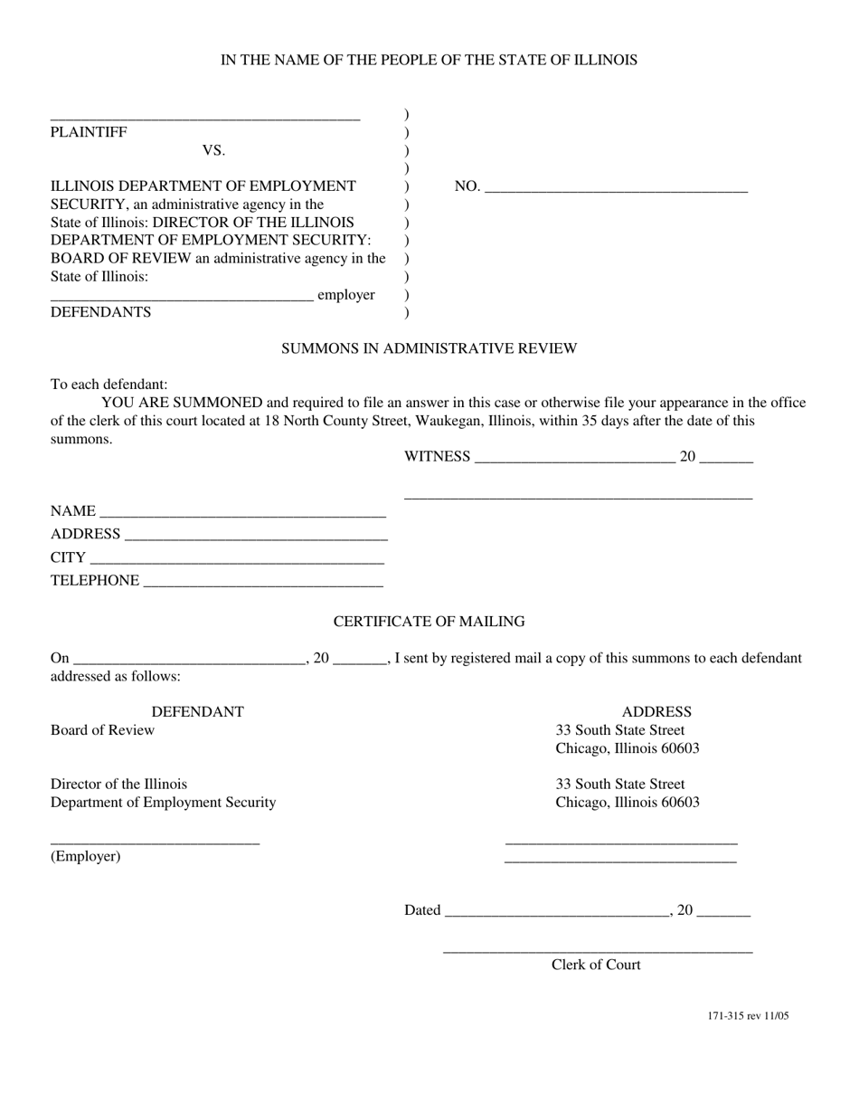Form 171-315 Summons in Administrative Review - Lake County, Illinois, Page 1