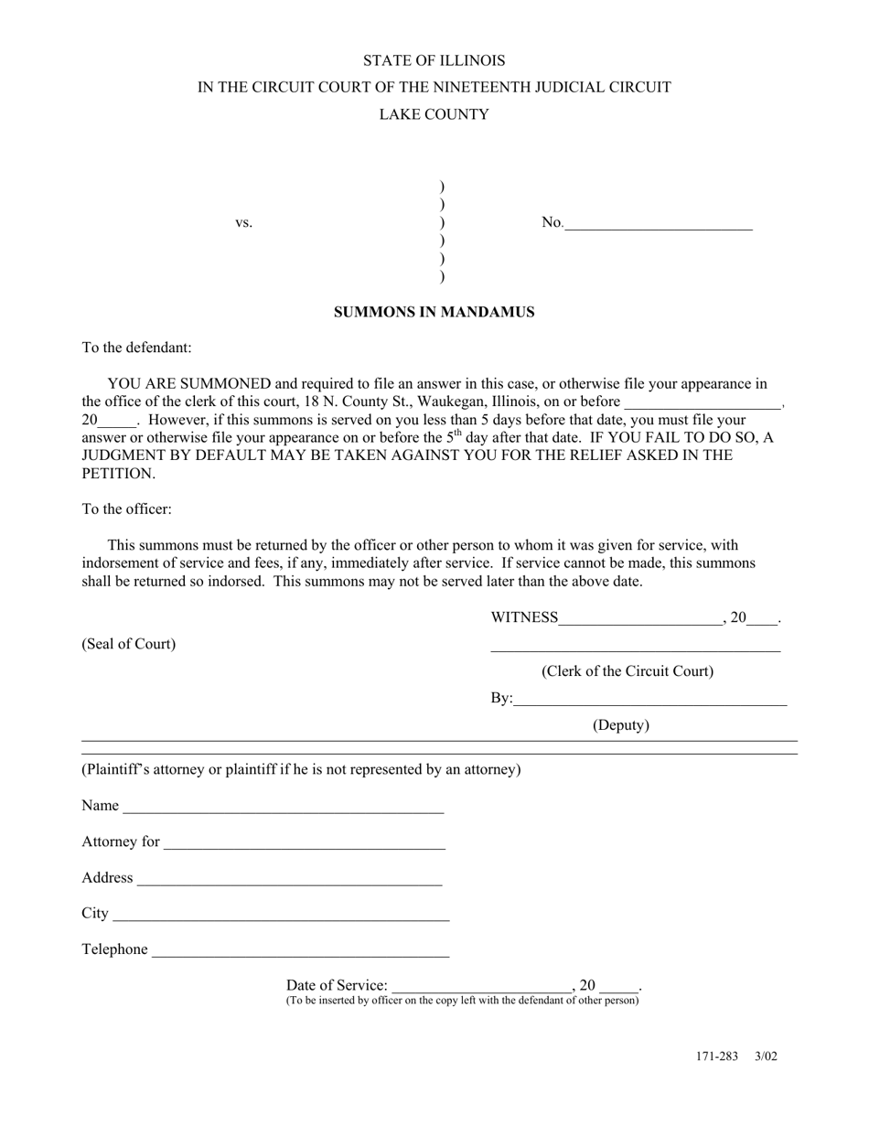 Form 171-283 Summons in Mandamus - Lake County, Illinois, Page 1