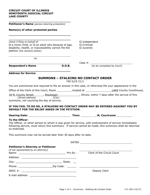 Form 171-393 Summons - Stalking No Contact Order - Lake County, Illinois