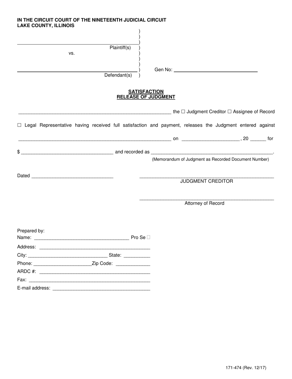 Form 171-474 Satisfaction Release of Judgment - Lake County, Illinois, Page 1