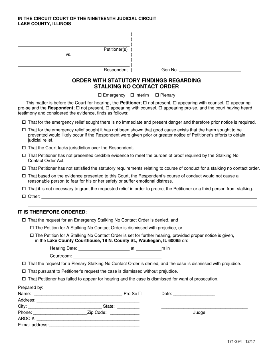 Form 171-394 Order With Statutory Findings Regarding Stalking No Contact Order - Lake County, Illinois, Page 1