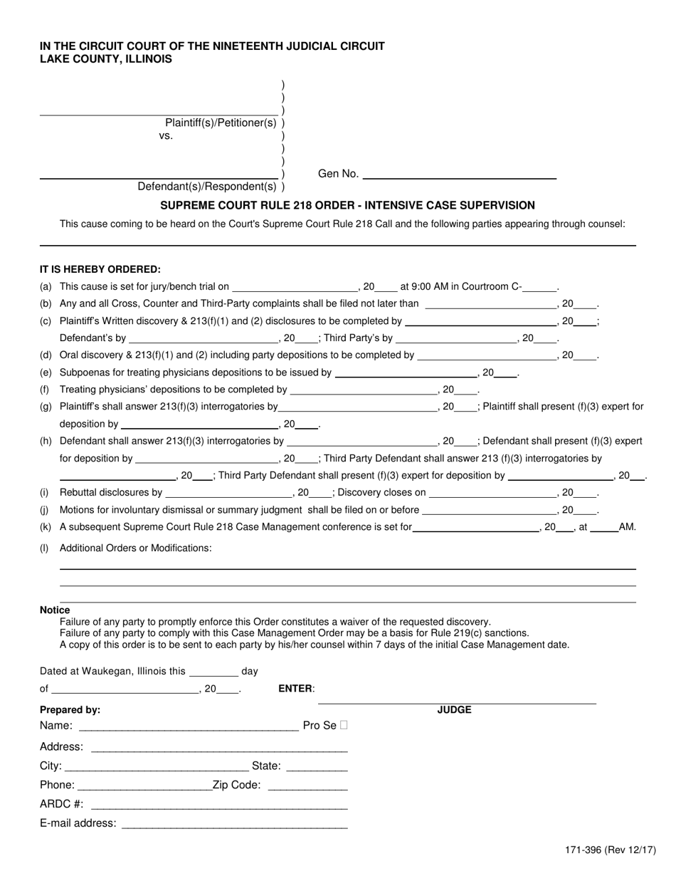 Form 171-396 Supreme Court Rule 218 Order - Intensive Case Supervision - Lake County, Illinois, Page 1