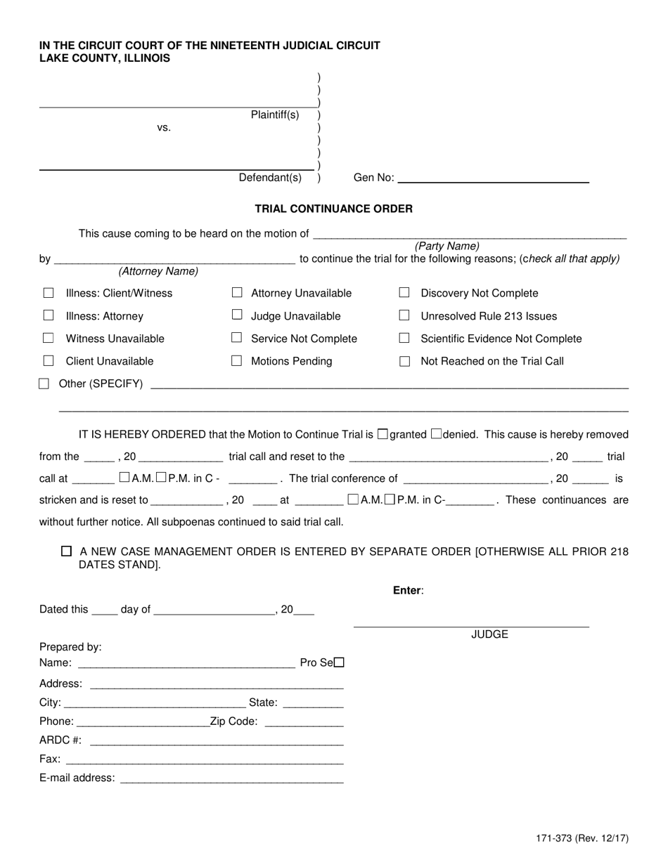 Form 171-343 Trial Continuance Order - Lake County, Illinois, Page 1