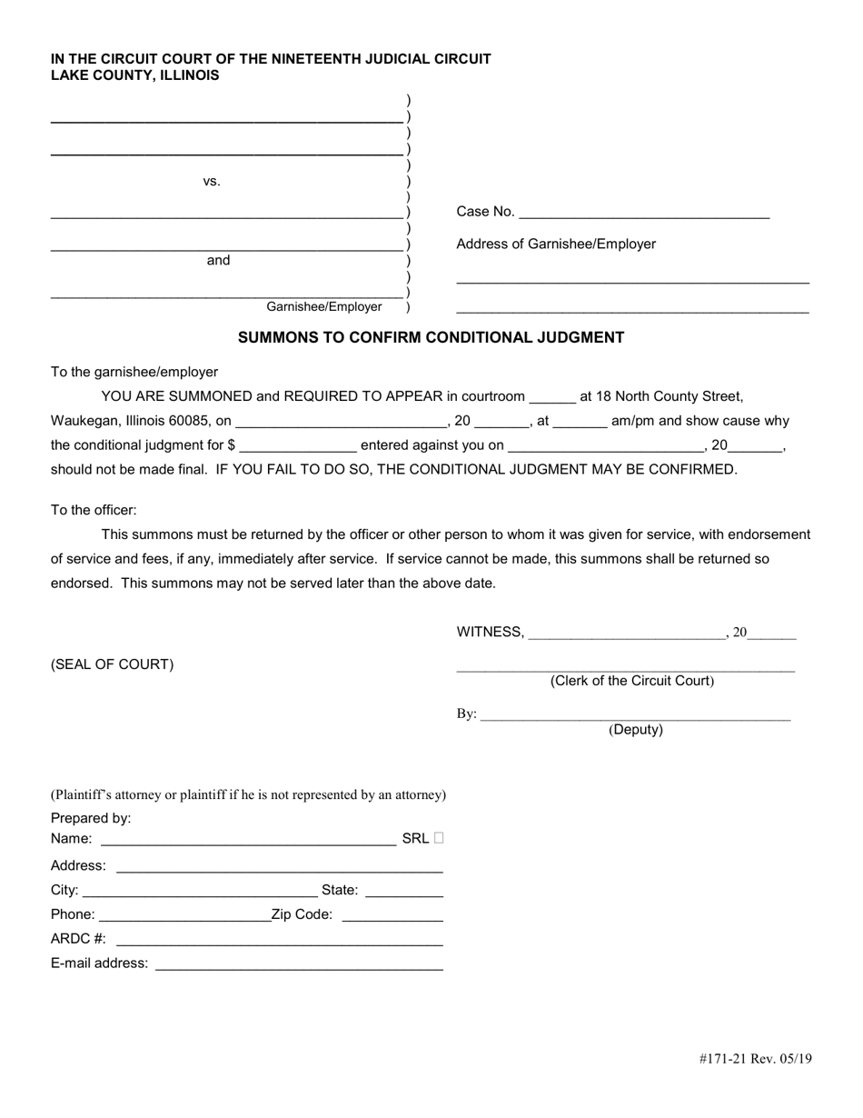 Form 171-21 Summons to Confirm Conditional Judgment - Lake County, Illinois, Page 1
