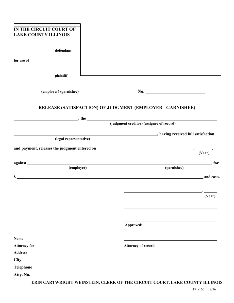 Form 171-166 Release (Satisfaction) of Judgment (Employer - Garnishee) - Lake County, Illinois, Page 1
