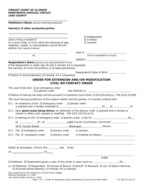 Form 171-383 Order for Extension and/or Modification Civil No Contact Order - Lake County, Illinois